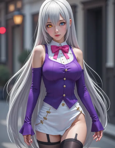 full-body portrait (hyperrealistic) by Elizabeth Liones Nanatsu no Taizai,white hair,ultra-detailed eyes with ((heterochromia)) yellow gold and blue,emphasized bust,su atuendo es una camisa sin mangas ajustada de color morado dark con botones en color blan...