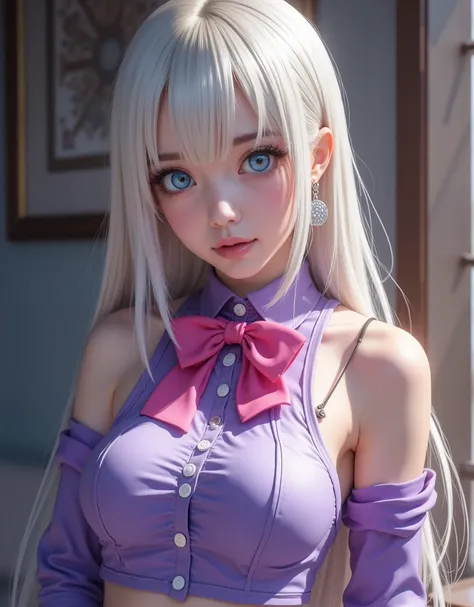 full-body portrait (hyperrealistic) by Elizabeth Liones Nanatsu no Taizai,white hair,ultra-detailed eyes with ((heterochromia)) yellow gold and blue,emphasized bust,su atuendo es una camisa sin mangas ajustada de color morado dark con botones en color blan...