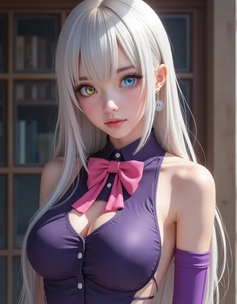 full-body portrait (hyperrealistic) by Elizabeth Liones Nanatsu no Taizai,(white hair),ultra-detailed eyes with ((heterochromia)) yellow gold and blue,emphasized bust,her outfit is a tight sleeveless dark purple shirt with its back exposed with white butto...
