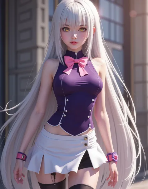 full-body portrait (hyperrealistic) by Elizabeth Liones Nanatsu no Taizai,(white hair),ultra-detailed eyes with ((heterochromia)) yellow gold and blue,emphasized bust,her outfit is a tight sleeveless dark purple shirt with its back exposed with white butto...