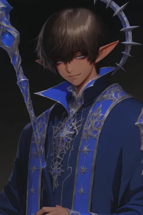 (mazjojo:0.67), (pigeon666:0.83), (zawar379:0.73), fujii eishun, masterpiece, best quality, dark background, upper body, 1boy,small kid,brown hair hair,ceaser cut,dark skinned, silver eyes,elf ear,blue wizard robe,smile,mage staff