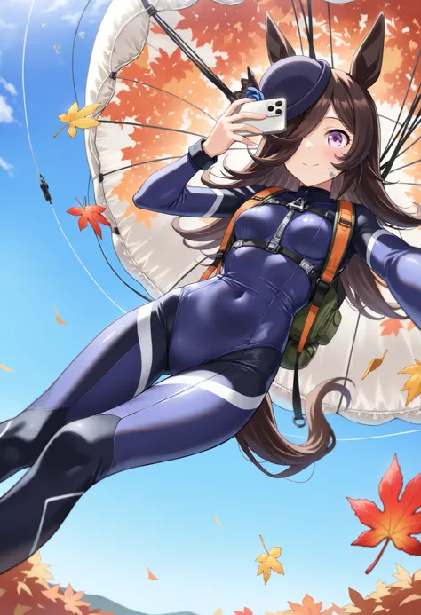 (masterpiece, best quality, perfect face:1.4), wide angle, Rice shower \(umamusume\), brown hair, long hair, purple eyes, bangs, long bangs, long hair, small breasts, hair covering right eye, horse tail, horse ears, ear ornament, (hat), tail on the lower b...