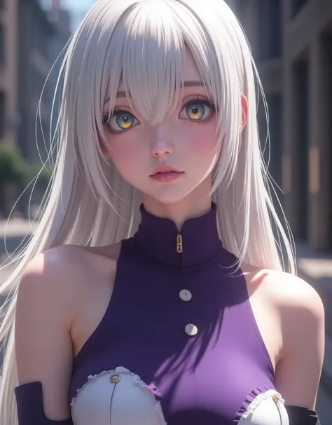 Elizabeth Liones (hyperrealistic) Nanatsu no taizai,white hair,ultra-detailed eyes with ((heterochromia)) yellow gold and blue,emphasized bust,His outfit is a tight sleeveless dark purple shirt with white buttons,wears aa corbata en forma de moño color ros...