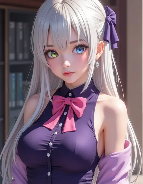 Elizabeth Liones (hyperrealistic) Nanatsu no taizai,white hair,ultra-detailed eyes with ((heterochromia)) yellow gold and blue,emphasized bust,His outfit is a tight sleeveless dark purple shirt with white buttons,wears aa (pink bow tie),perfect body,He wea...