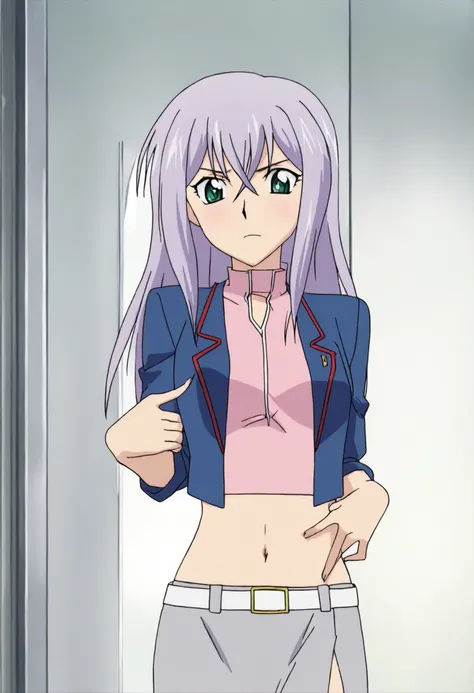 プロンプト Misaki, 1girl, solo, MisakiTokura, lavender hair,Emerald green eyes,Eyes with light, long hair,Anime style,High definition,Vanguard style,Small face,16 years old, Long hair,Beautiful anime eyes, Misaki, blue jacket, pink tanktop, midriff, grey skirt,...