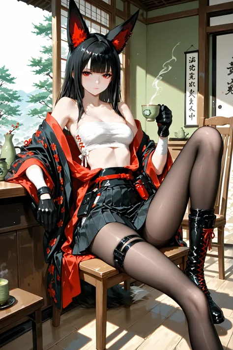 high quality, photography, ultra-detailed, fox-eared warrior girl taking tea break, piercing red eyes with detailed irises, midnight black hair with precise bangs, white sarashi binding, loose kimono top, tactical black mini skirt, arm wrappings, combat-re...