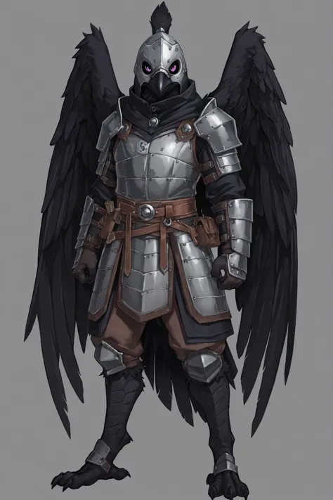 anthro raven, male, raven, raven wings, avian legs, lean physique, thin, one steel shoulder armor, light armor leather armor, adventurer outfit, highly detailed, best quality, fullbody art, gray background