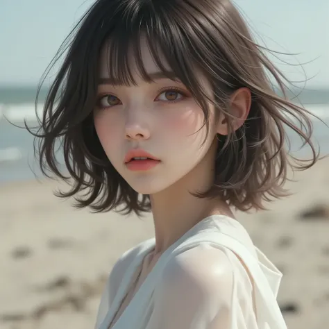 Photorealistic、Realistic Skin Texture、beautiful brown eyes、dark haired、long hair fluttering like wind、feminine white dress