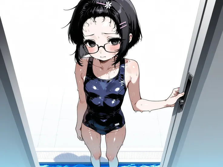 score_9 , score_8_up , score_7_up , score_6_up , score_5_up , score_4_up、girl、、black hair、 best quality、sweaty body、Small breasts、( show me my forehead )、hairpin、black hair、has small breasts、pretty embarrassed face、Viewers' Perspective、Poolside、School Swim...