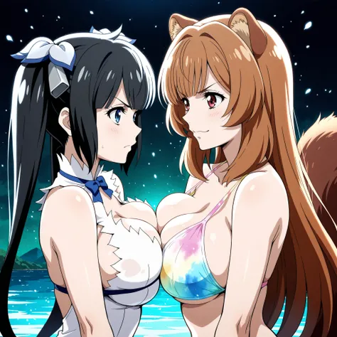 two women: Hestia de Danmachi, with her wavy black hair and slender, bright blue eyes, , pigtails and big breasts she smiles with malaysia and arrogance ; y Raphtalia, of The Rising of the Shield Hero, with orange hair, red eyes and pointy ears and slender...