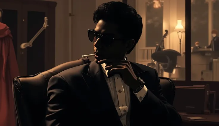 Silhouette of a man in a suit smoking a cigarette, Glasses, Jazz atmosphere,　holding a cigarette in your mouth, The generated image、bring it closer to what looks good in graphic or brochure material, Super elaborate fingers ,　Superb hands,　