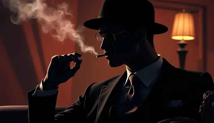 Silhouette of a man in a suit smoking a cigarette, Glasses, Jazz atmosphere,　holding a cigarette in your mouth, The generated image、bring it closer to what looks good in graphic or brochure material, Super elaborate fingers ,　Superb hands,　