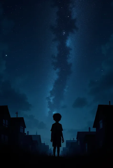 FluxBoost,Detailed high quality photo. Blackout. A boy standing in the darkness, looking up. Around him are the black silhouettes of dark houses.The night sky above him is full of stars. The milky way is visible.  Night image in color.