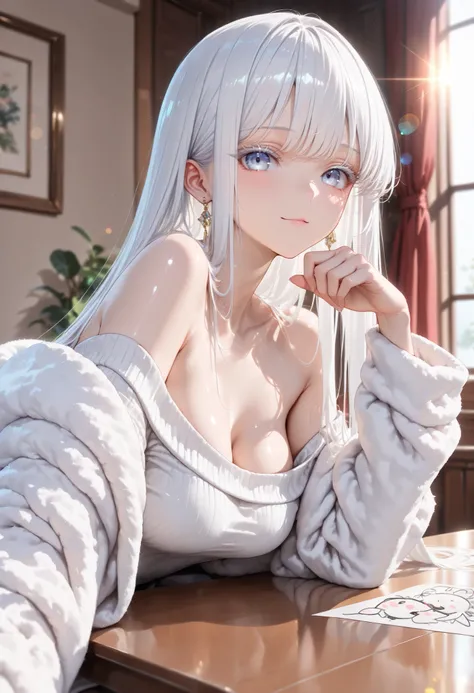 ((masterpiece:1.5、8k、table top、Portrait、フォトリアリスティックでvery detailedなCG、very detailed、particle effect、dynamic effects、Drawing Boundary Depth、 cinematic lighting 、lens flare、ray tracing、table topをつまむ、ultra high res:1.2))((1girl、,A girl wearing a white fur coat...