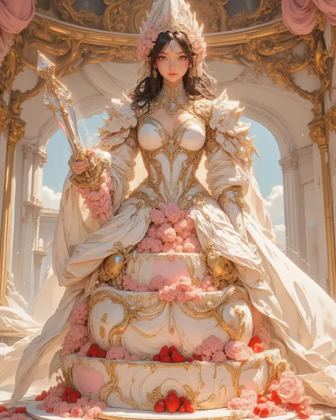 A hyper‑realistic, full‑body portrait of a breathtaking cake warrior emerging gracefully from a gigantic wedding cake. Her lower half merges seamlessly into tiered layers of rich sponge, velvety fondant, and intricate icing, while her upper body is adorned...
