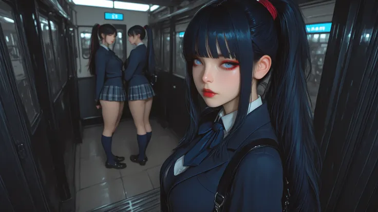 3DMM, solo,  (Masterpiece , details:1 . 2) , realistic Skin , 8k , greatest Masterpiece , top quality , slên er detailed), black eyeliner and red eyeshadow, sexy red lips, super realistic skin , Long black hairstyle in a sexy ponytail in a chic school、Inno...