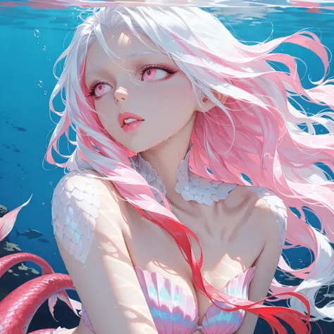 masterpiece, female focus, 1girl, solitary, pure white hair, shiny hair, iridescent hair shine, multicolour hair. pale pink eyes, Upper Body, personal, close up, neutral expression. white  shell top, ocean background, big lips. full lips. glossy lips. long...