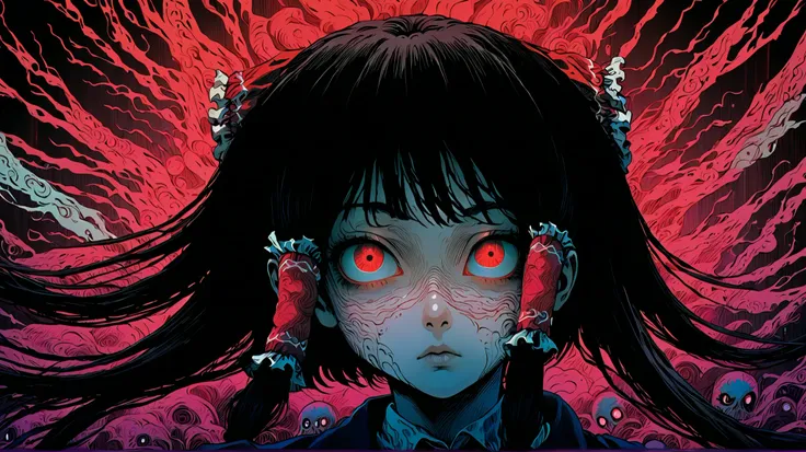 東方、博麗霊夢、surreal horror, anime style, directed by Junji Ito, high contrast, vivid colors, eerie atmosphere, psychological tension, intricate line work, nightmarish creatures