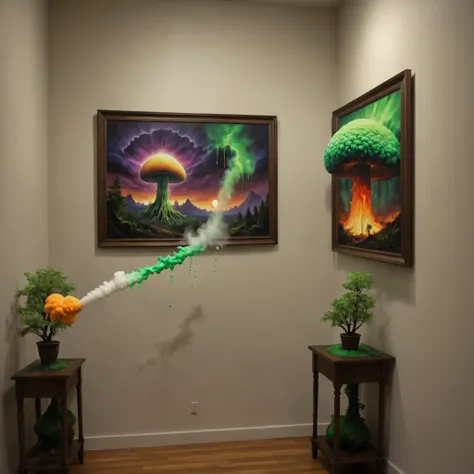 arafed image of a green liquid pouring from a tree, nuclear mushroom smoke, nuclear cloud, emitting spore clouds, fantasy magical vegetation, beautiful green liquid, nuclear mushroom, colorfull digital fantasy art, magical colors and atmosphere, toxic clou...