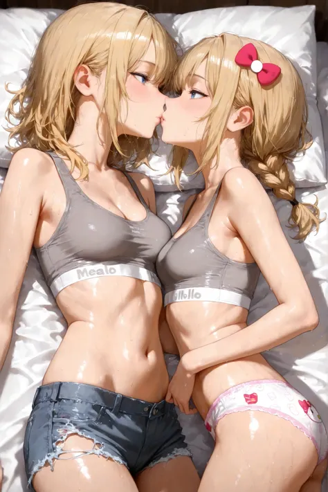 very realistic, 18 year old girl, (European) athletic build, sweaty, Blonde blonde with braided blue eyes. pink Hello Kitty panties and a really big bouncy gray crop top, and a few young girls ripped, short, jean shorts and tight gray crop tops touching he...