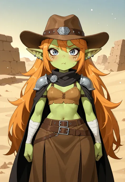 female punk, ginger, very long hair, grey blue eye , facial piercings, eye makeup, small breasts, meduim hips, (goblin girl:1.0) (shortstack:1.0) (green skin:1.0) (pointy ears:1.0) (wide hips:1.0)| 1girl, solo, pouting, :t,  straight-on, cowboy shot, chibi...