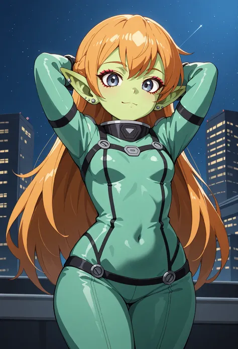 female punk, ginger, very long hair, grey blue eye , facial piercings, eye makeup, small breasts, meduim hips, (goblin girl:1.0) (shortstack:1.0) (green skin:1.0) (pointy ears:1.0) (wide hips:1.0)| score_9, score_8_up, score_7_up, 1girl, solo, SIS-Gc11w St...