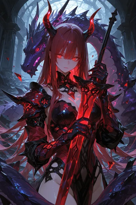 748cmstyle,1woman, Black Purple Dragon ， Longsword ，，Succubus, ((Dark red long hair,Decorated with crystal shards)), pale, glowing light red eyes, black and dark red crystal armor, surrounded by floating crystal shards, holding prism-like spikes, the ruins...