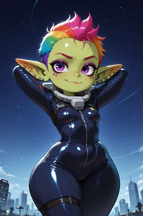 female punk, rainbow colors hair, very short hair, black eye , facial piercings, eye makeup, small breasts, meduim hips, (goblin girl:1.0) (shortstack:1.0) (green skin:1.0) (pointy ears:1.0) (wide hips:1.0)| score_9, score_8_up, score_7_up, 1girl, solo, SI...