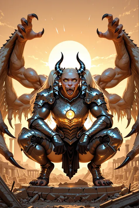 photography, ultra-detailed, best quality, gentle giant monster, formidable creature with timid personality, powerful arms wrapped around itself protectively, sharp claws and fangs, soft worried eyes, crouching in defensive posture, ancient ruins setting, ...