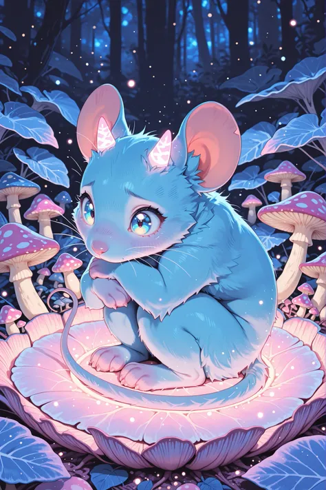 masterpiece, finely detail, photography, Gentle Form of Elite Monster, tiny mouse-sized creature, wide innocent eyes, soft blue fur, curled up in leaf bed, delicate paws, miniature horns barely visible, tiny fangs, nervous expression, quivering whiskers, m...