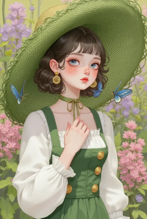 Anime pastoral illustration with retro texture, a young girl with icy blue eyes and delicate highlights, natural blush, short wavy dark brown hair, wearing an oversized green woven wide-brimmed hat with a yellow decorative band. She is dressed in a retro p...