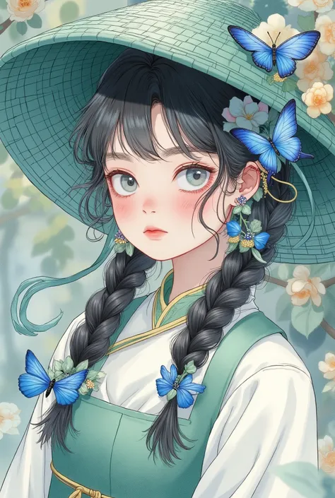 Anime illustration with Chinese art style and delicate gongbi texture, a young girl with icy blue eyes and transparent highlights, natural blush, black double braids with bangs, wearing an oversized green woven wide-brimmed hat. She is dressed in a outfit ...