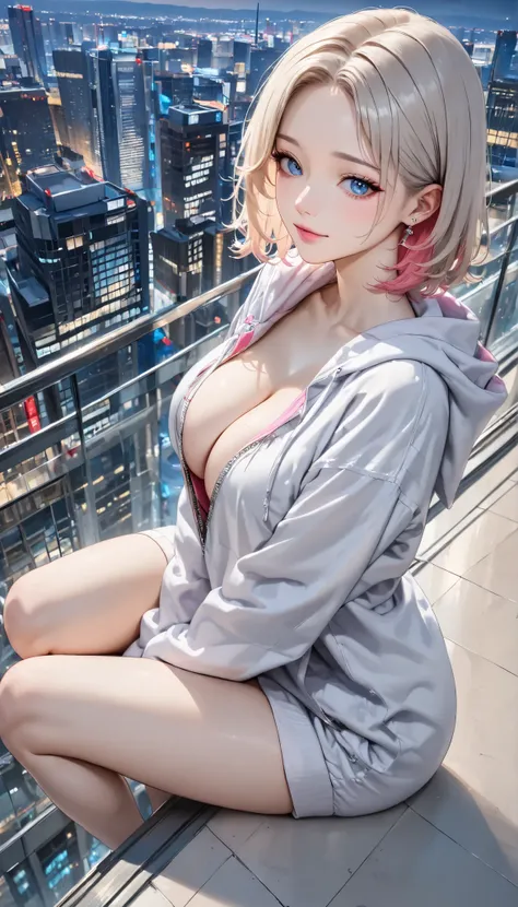 ((close up, Viewer perspective, very detailed CG, very detailed)) A girl sitting on the window ledge of a skyscraper's exterior wall. A side view of her profile as she gazes blankly down at the city lights, a photograph capturing her contemplative state at...