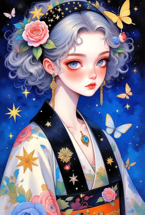 Anime Japanese-style portrait with Ukiyo-e texture, a young woman with icy blue eyes and bright starry highlights, natural blush, short curly silver-gray hair, wearing a black starry headband adorned with golden stars, pink roses and green leaves. She is d...