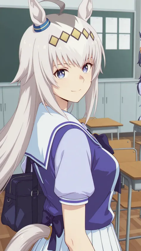 blooms alone, 1 girl, Source Anime, Oguri Cap, long hair, , gray hair, Hair Accessories, Dark Blue Eyes, Horse ears,  has a tail , Medium Breasts, wearing a light purple short-sleeved student shirt, Stand sideways, smile, Facing Back , Student bag, classro...