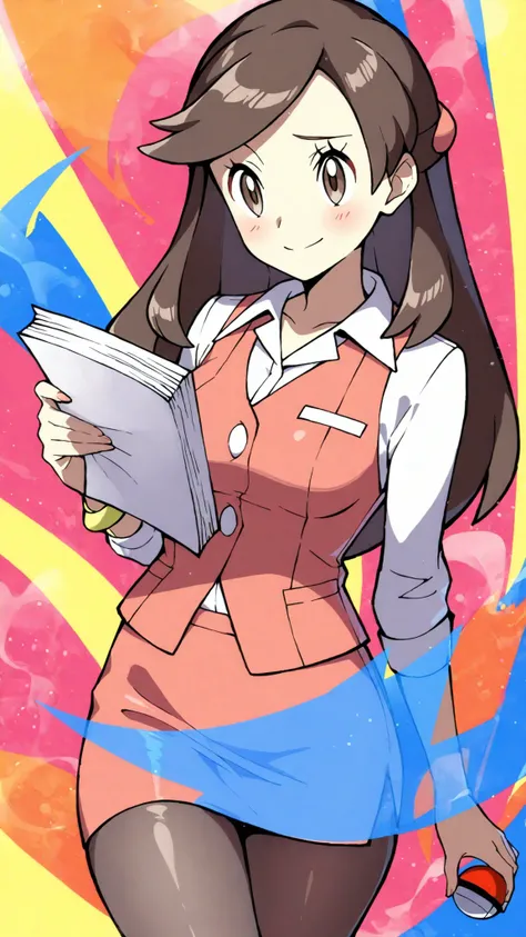 2D, masterpiece, Highest Quality, amazing quality, high definition, absurd, Newest, 1girl, solo, cowboy shot, colorful background, multicolor background, paper, , pink, medium boobs, olbw, company employee \(Pokémon\), office lady, brown eyes, long hair, b...