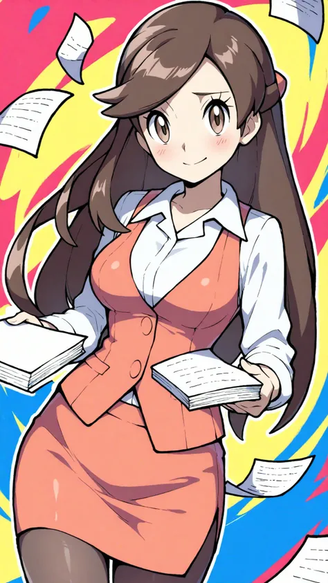 2D, masterpiece, Highest Quality, amazing quality, high definition, absurd, Newest, 1girl, solo, cowboy shot, colorful background, multicolor background, paper, , pink, medium boobs, olbw, company employee \(Pokémon\), office lady, brown eyes, long hair, b...