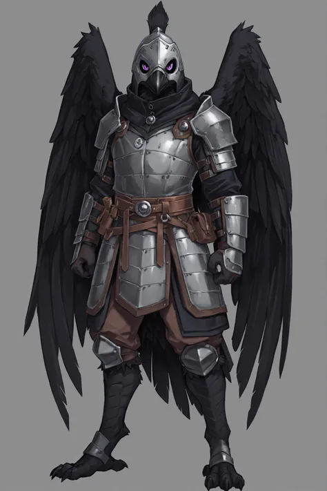 anthro raven, male, raven, raven wings, avian legs, lean physique, thin, one steel shoulder armor, light armor leather armor, adventurer outfit, highly detailed, best quality, fullbody art, gray background