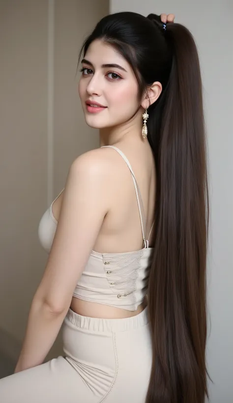 I don't wear anything other than underwear. Please make sure your whole body is included, very big chest , large breasts , cleavage visible ,“A hyper-realistic full-body photograph of a Korean woman with incredibly thick, voluminous, and silky dark brown h...