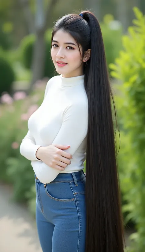 very big chest,
A highly detailed, ultra-realistic photograph of a Korean woman standing outdoors in a lush green garden during daytime. She has extraordinarily long, silky, jet-black hair tied into a sleek, voluminous ponytail that extends far beyond her ...