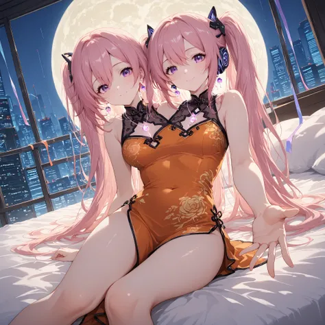 1 girl, legs, normal pair of legs, masterpiece, laying in bed, reaching out to viewer, best quality, good quality, 2girls, conjoined, two heads solo, genshin_impact, acheron_ilxl, 1girl, long hair, solo, looking at viewer, purple eyes, bangs, closed mouth,...