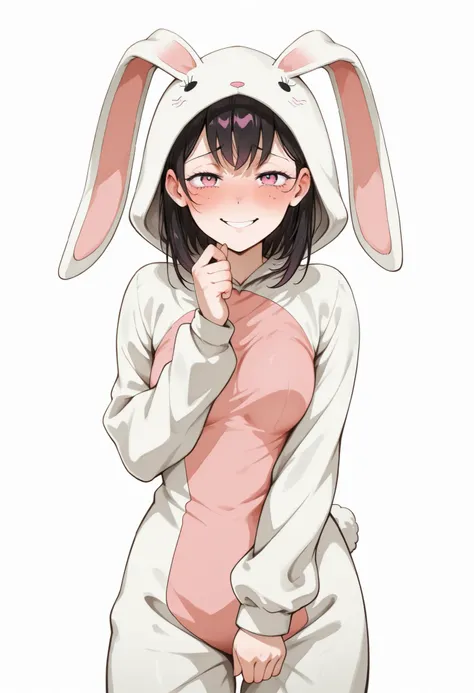 solo,female,,(large breasts),,pink eyes,narrowed eyes,grin,looking at viewer,,standing,kobeni higashiyama,(shy face:1.5), rabbit costume, standing, posing, white background, empty background, solo, small breasts, side pose