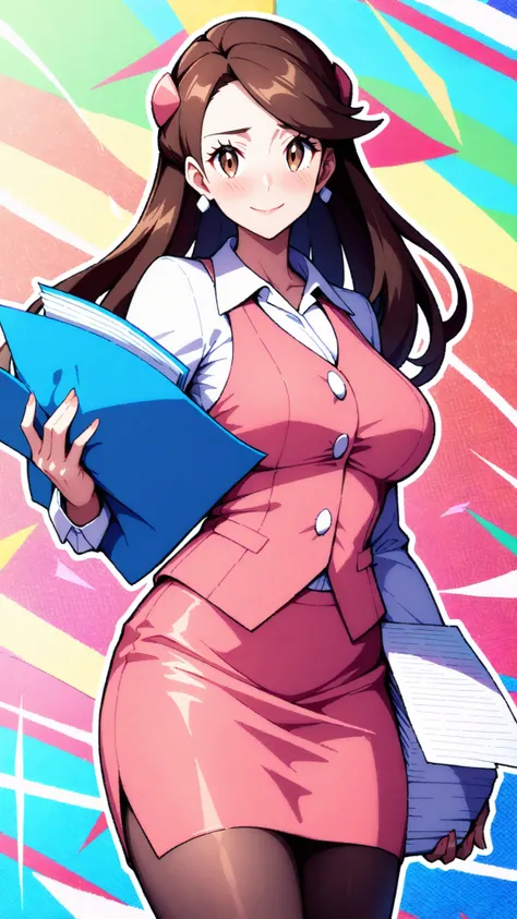2D, masterpiece, Highest Quality, amazing quality, high definition, absurd, Newest, 1girl, solo, cowboy shot, colorful background, multicolor background, paper, , pink, medium boobs, olbw, company employee \(Pokémon\), office lady, brown eyes, long hair, b...