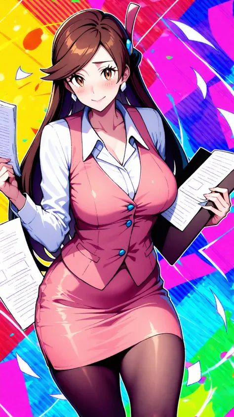2D, masterpiece, Highest Quality, amazing quality, high definition, absurd, Newest, 1girl, solo, cowboy shot, colorful background, multicolor background, paper, , pink, medium boobs, olbw, company employee \(Pokémon\), office lady, brown eyes, long hair, b...