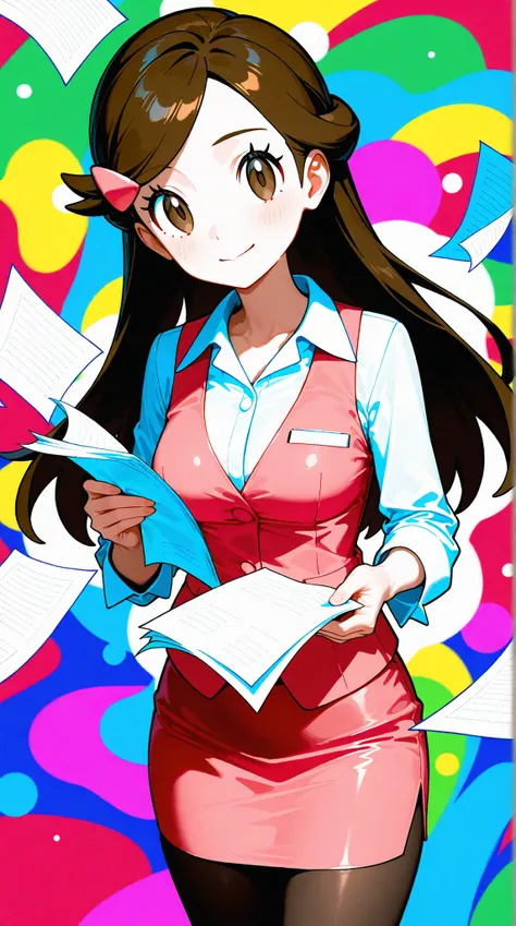 2D, masterpiece, Highest Quality, amazing quality, high definition, absurd, Newest, 1girl, solo, cowboy shot, colorful background, multicolor background, paper, , pink, medium boobs, olbw, company employee \(Pokémon\), office lady, brown eyes, long hair, b...