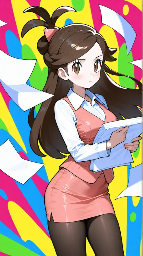 2D, masterpiece, Highest Quality, amazing quality, high definition, absurd, Newest, 1girl, solo, cowboy shot, colorful background, multicolor background, paper, , pink, medium boobs, olbw, company employee \(Pokémon\), office lady, brown eyes, long hair, b...
