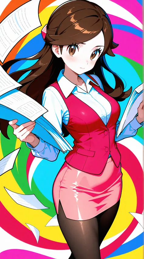 2D, masterpiece, Highest Quality, amazing quality, high definition, absurd, Newest, 1girl, solo, cowboy shot, colorful background, multicolor background, paper, , pink, medium boobs, olbw, company employee \(Pokémon\), office lady, brown eyes, long hair, b...