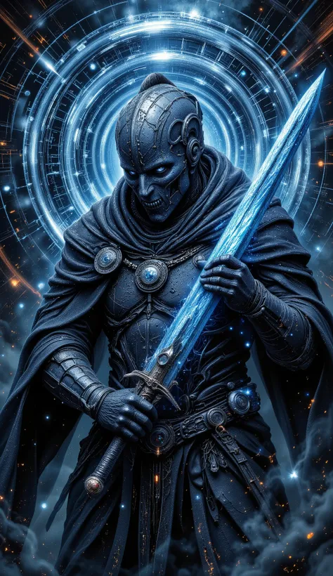 Solo Leveling Jin-woo e Igris is an iridescent train of eyes, all glowing and glowing with white and mother-of-pearl light, in the hands of a weapon that glows with fire. - a large knight with a slight blue glow, in black armor, in a torn black cloak and w...