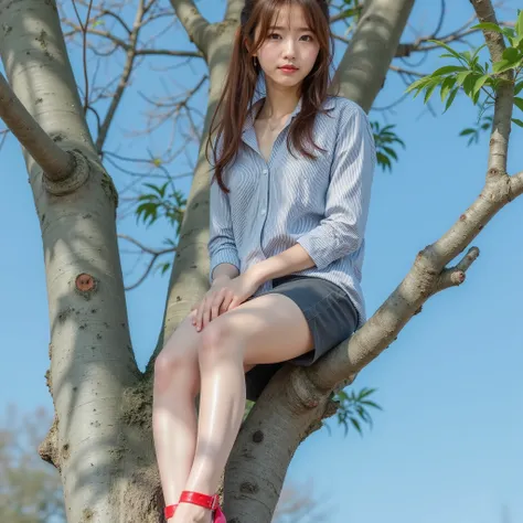 Japanese top idol sitting on a tall tree branch、(ultra-clear focus photorealistic), (beautiful style), (full body shot from head to toe), (gray business striped shirt and charcoal gray tight miniskirt:1.2), (Greatest Masterpiece, super detailed:1.2), Highe...