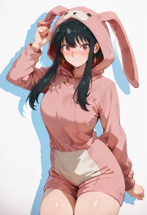 score_9, score_8_up, score_7_up, score_6_up, score_5_up, score_4_up, masterpiece, high quality, yor briar, black hair, red eyes, earrings,, long hair, sidelocks, medium breasts, shiny skin, shiny hair, shiny body, clear body, medium breasts, nose blush, sw...